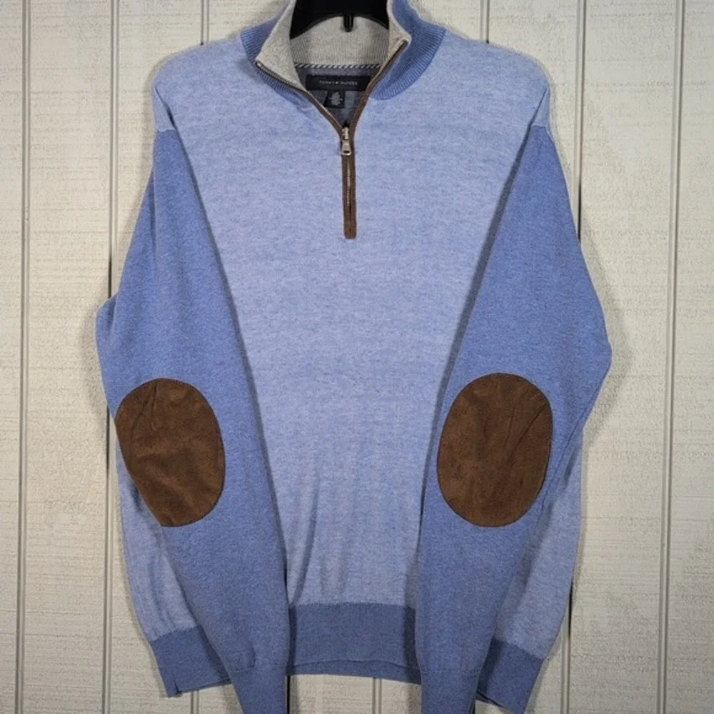 Tommy Hilfiger Pullover Men's Size Large Sweater Blue Long Sleeve w/ Suede Dress - Picture 4 of 9